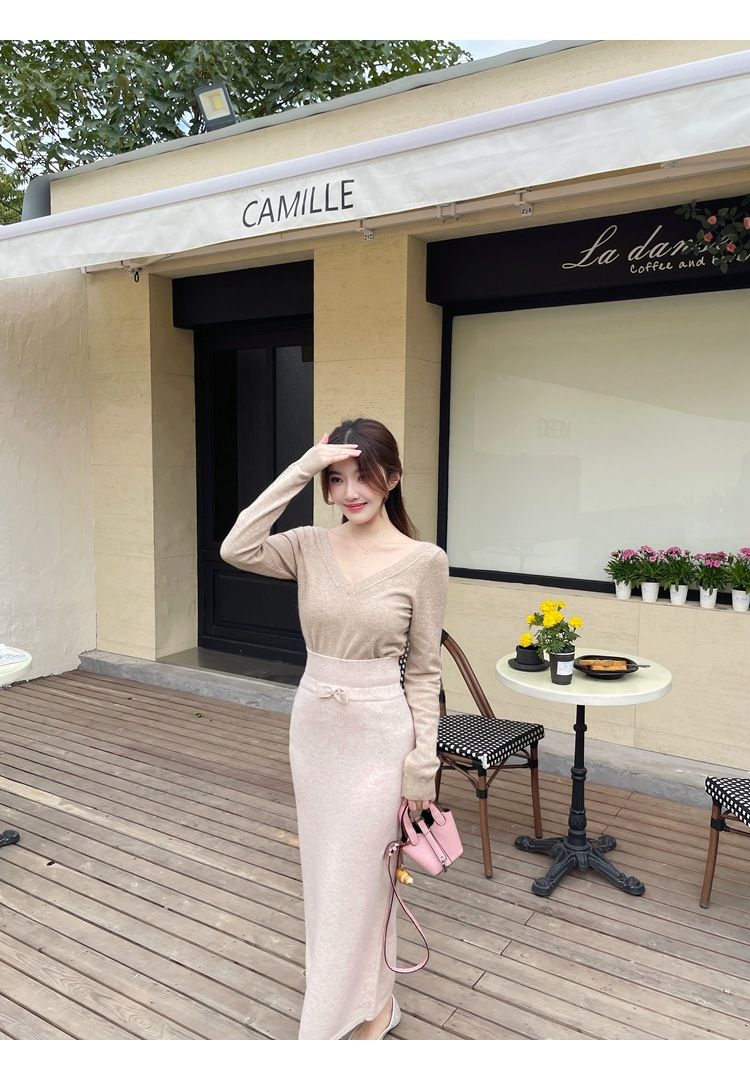 タイトスカート リボンベルト付きニットタイトスカートロング丈