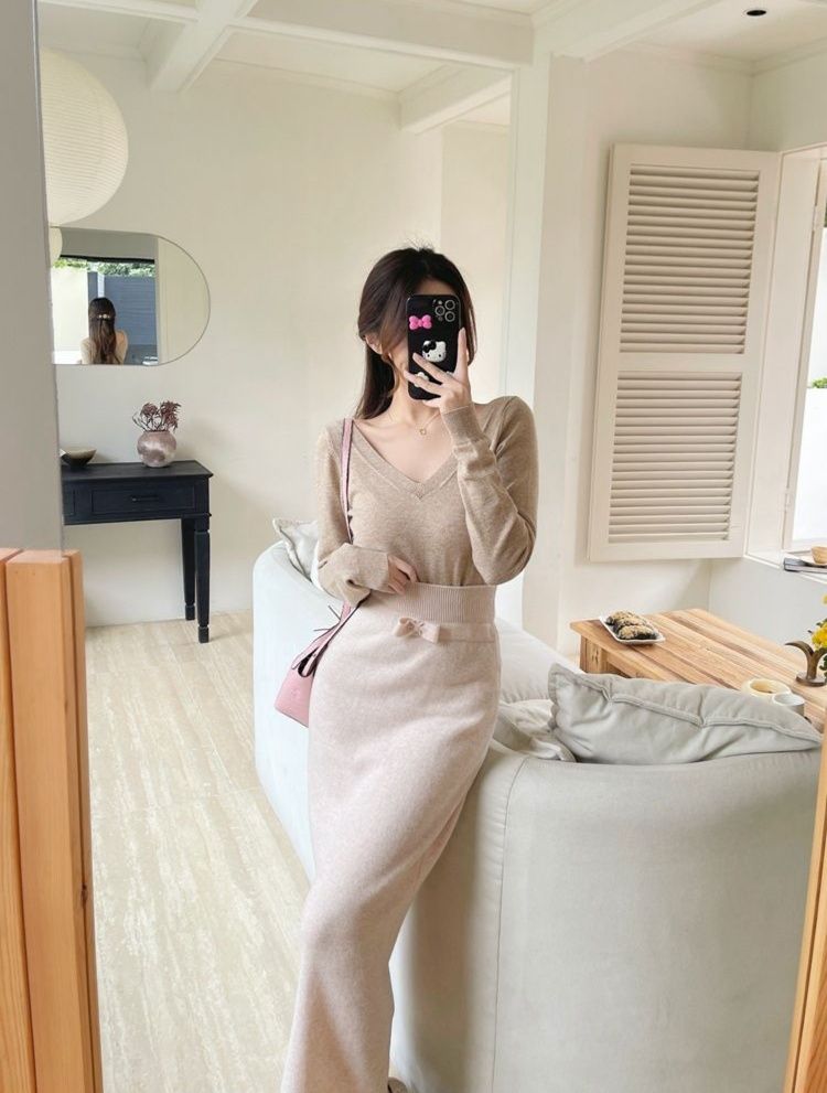 タイトスカート リボンベルト付きニットタイトスカートロング丈