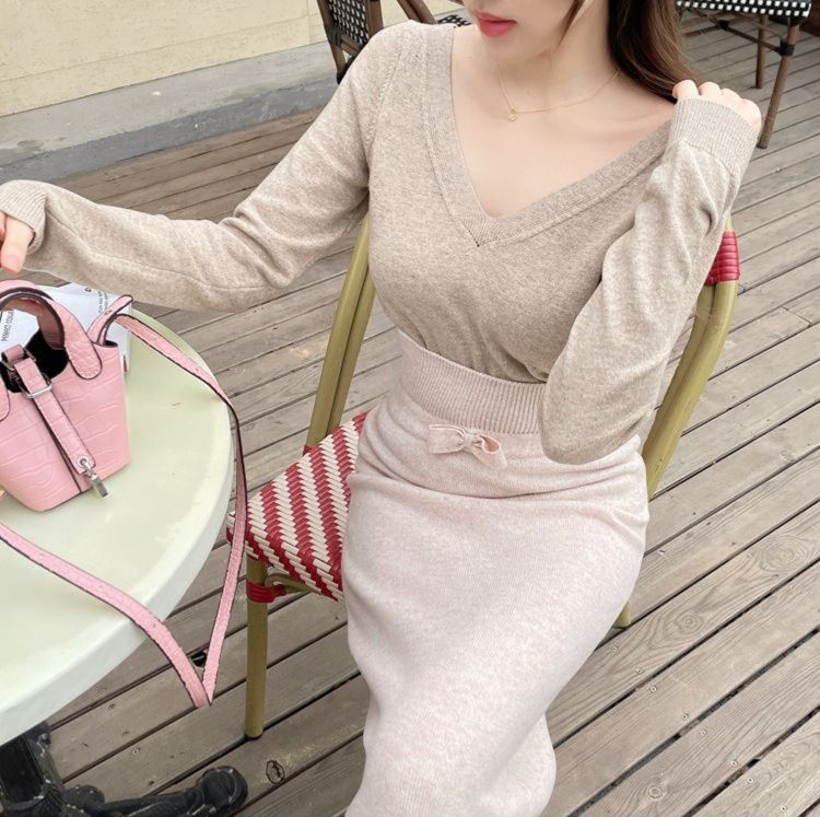 タイトスカート リボンベルト付きニットタイトスカートロング丈