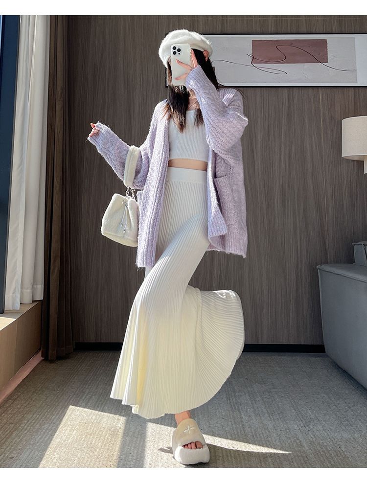 タイトスカート 細プリーツニットタイトスカートマキシ丈