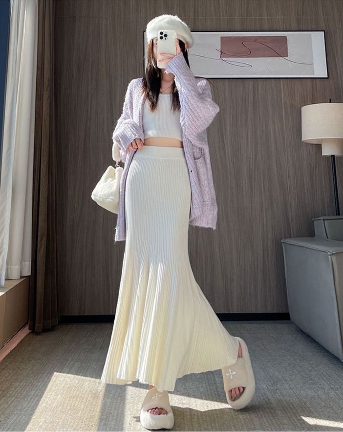 タイトスカート 細プリーツニットタイトスカートマキシ丈