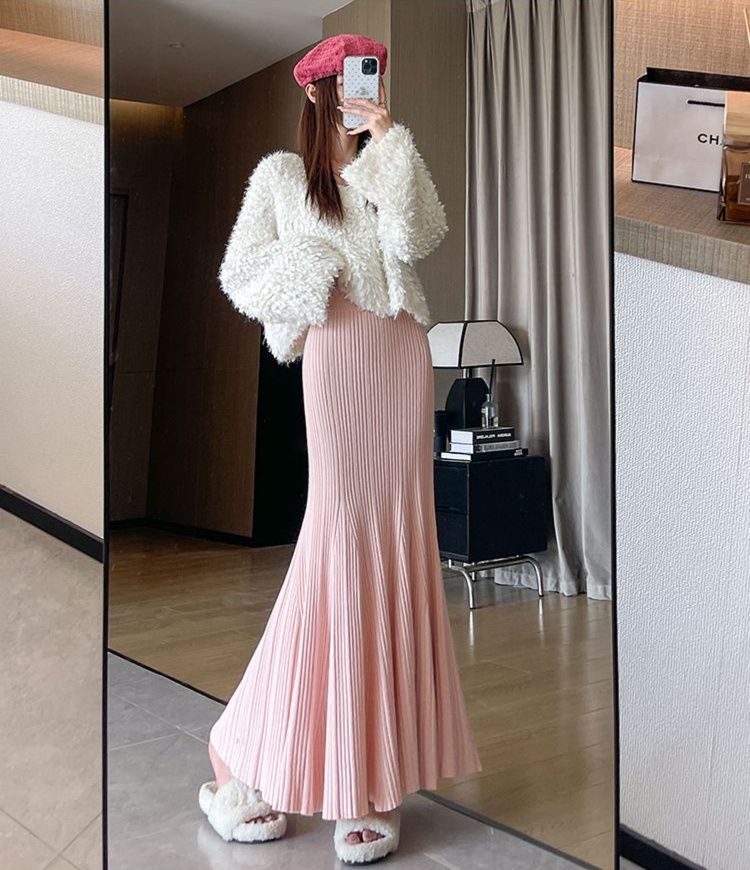 タイトスカート 細プリーツニットタイトスカートマキシ丈