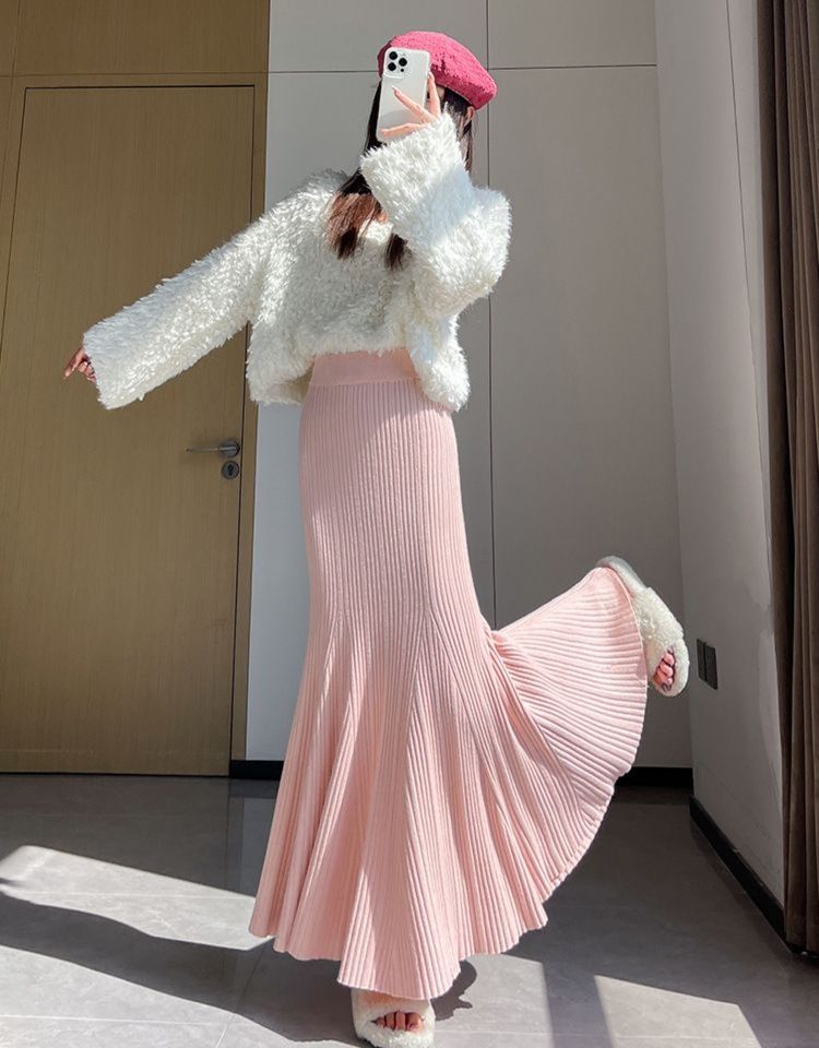 タイトスカート 細プリーツニットタイトスカートマキシ丈