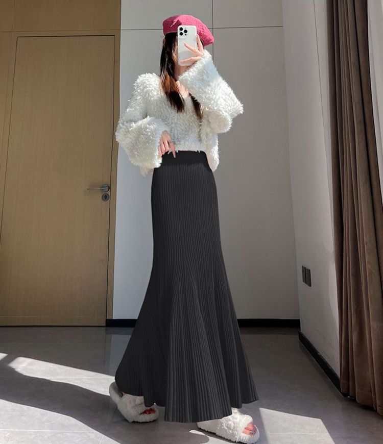 タイトスカート 細プリーツニットタイトスカートマキシ丈