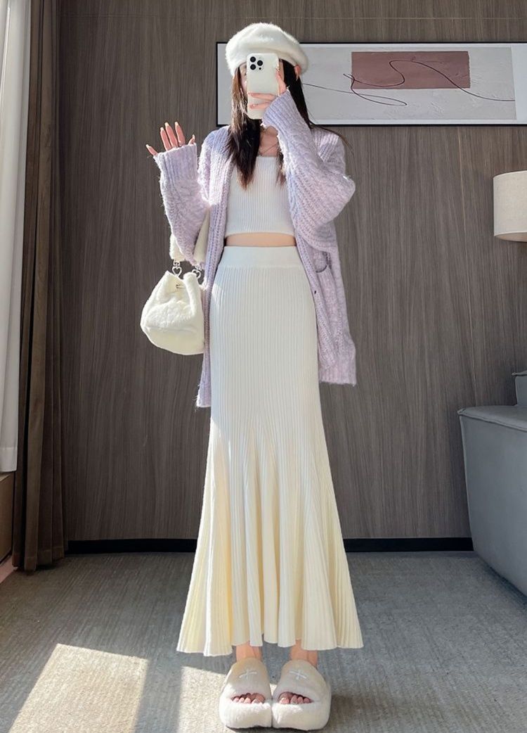 タイトスカート 細プリーツニットタイトスカートマキシ丈