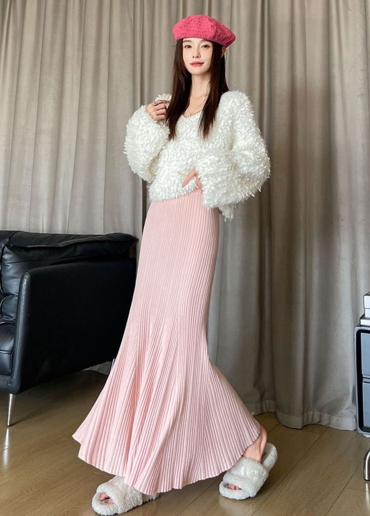 タイトスカート 細プリーツニットタイトスカートマキシ丈