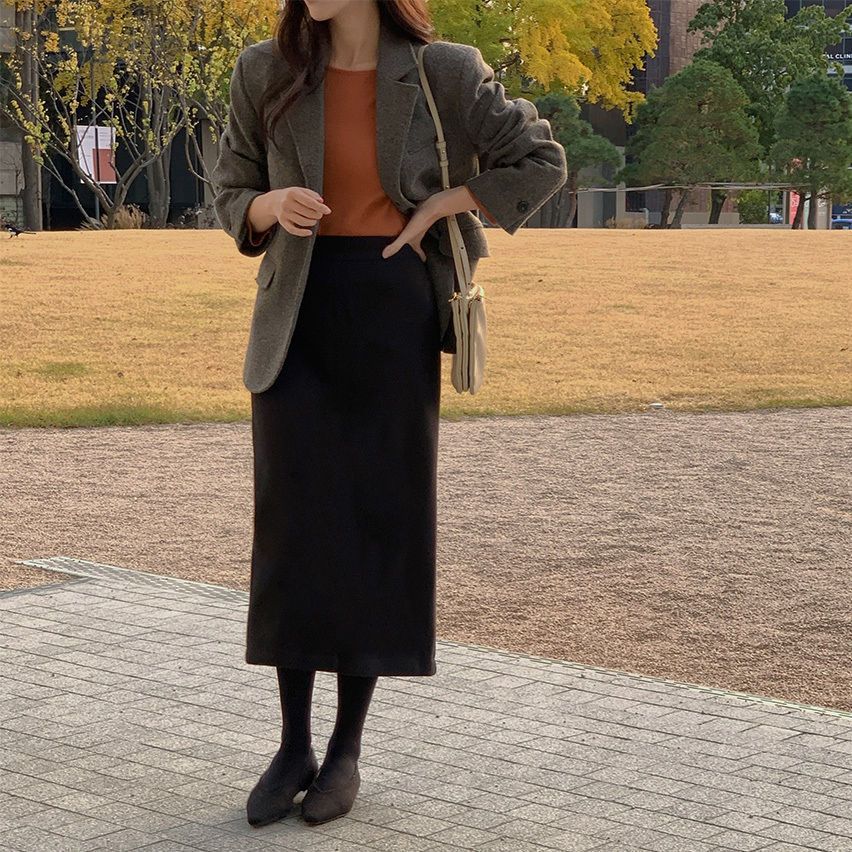 タイトスカート 上品な温かみのあるウール混ロングタイトスカート