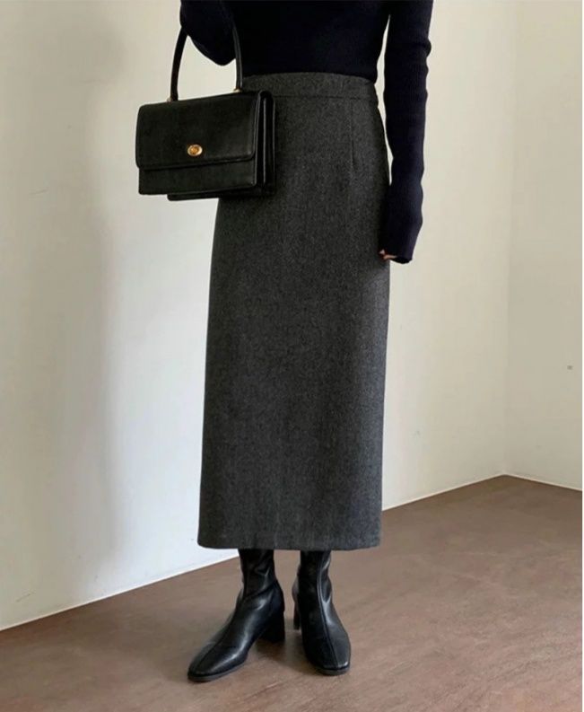 タイトスカート 上品な温かみのあるウール混ロングタイトスカート