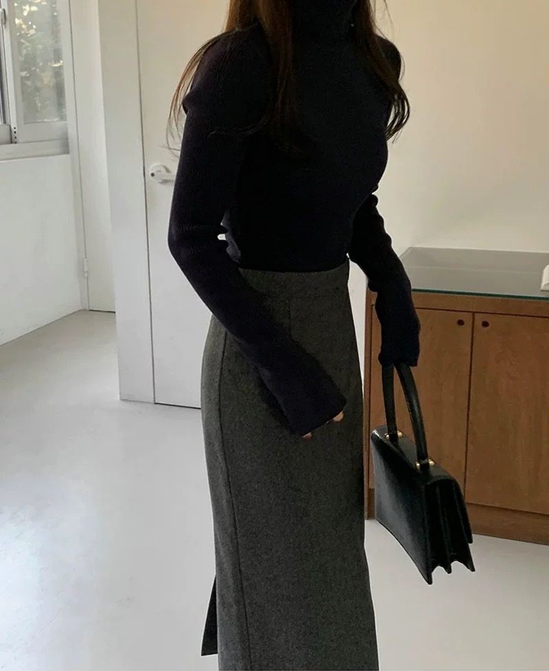 タイトスカート 上品な温かみのあるウール混ロングタイトスカート