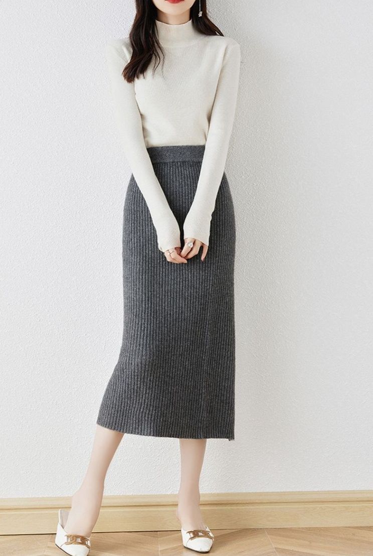 タイトスカート 縦リブニットタイトスカートロング丈