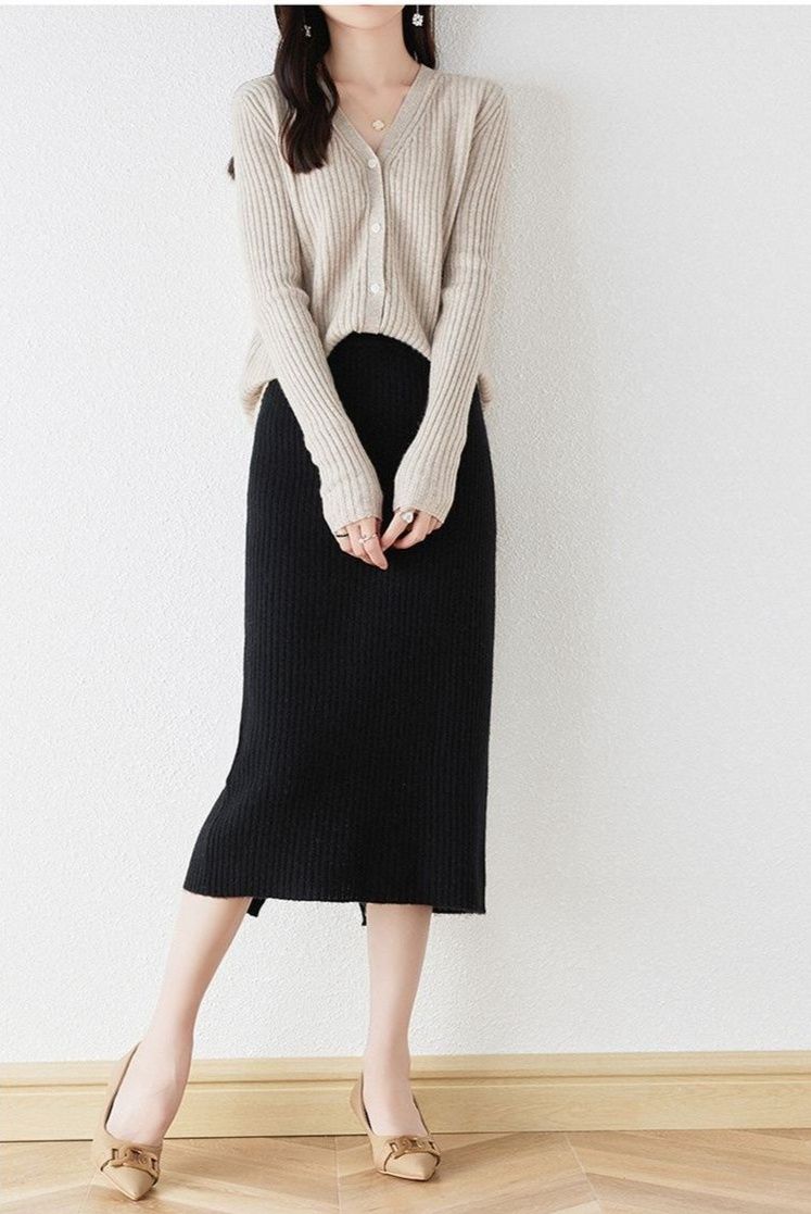 タイトスカート 縦リブニットタイトスカートロング丈