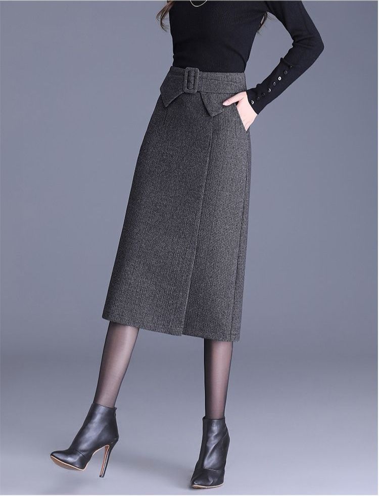 タイトスカート ベルト付きハイウエストタイトスカートロング丈