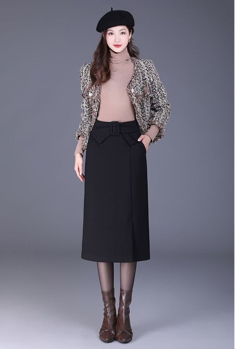 タイトスカート ベルト付きハイウエストタイトスカートロング丈