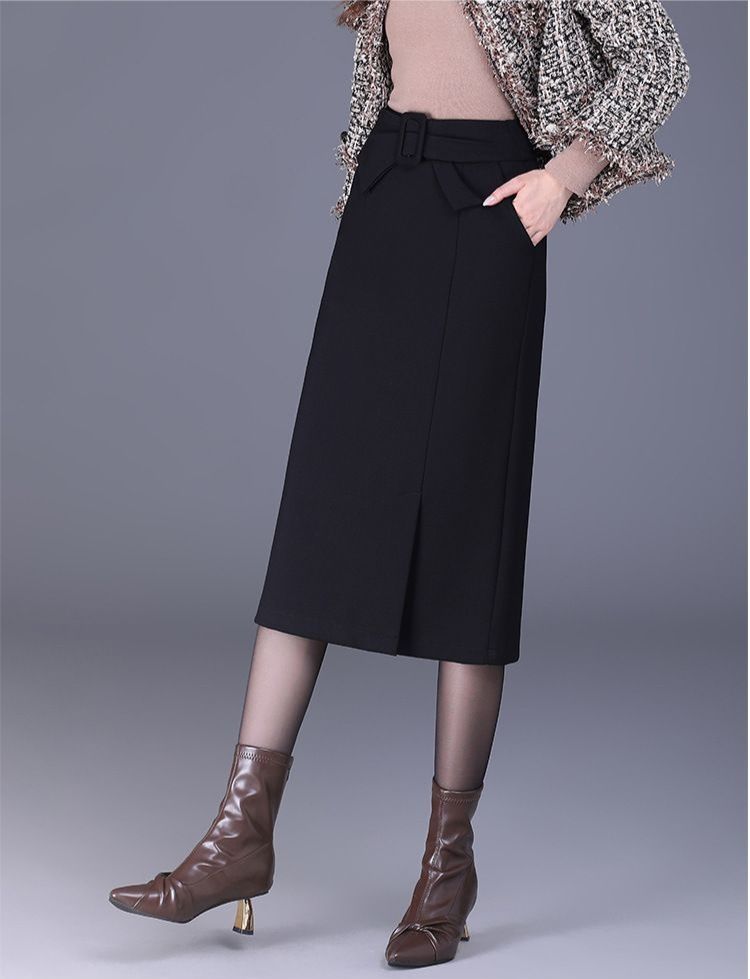 タイトスカート ベルト付きハイウエストタイトスカートロング丈