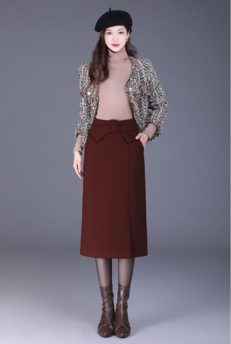 タイトスカート ベルト付きハイウエストタイトスカートロング丈