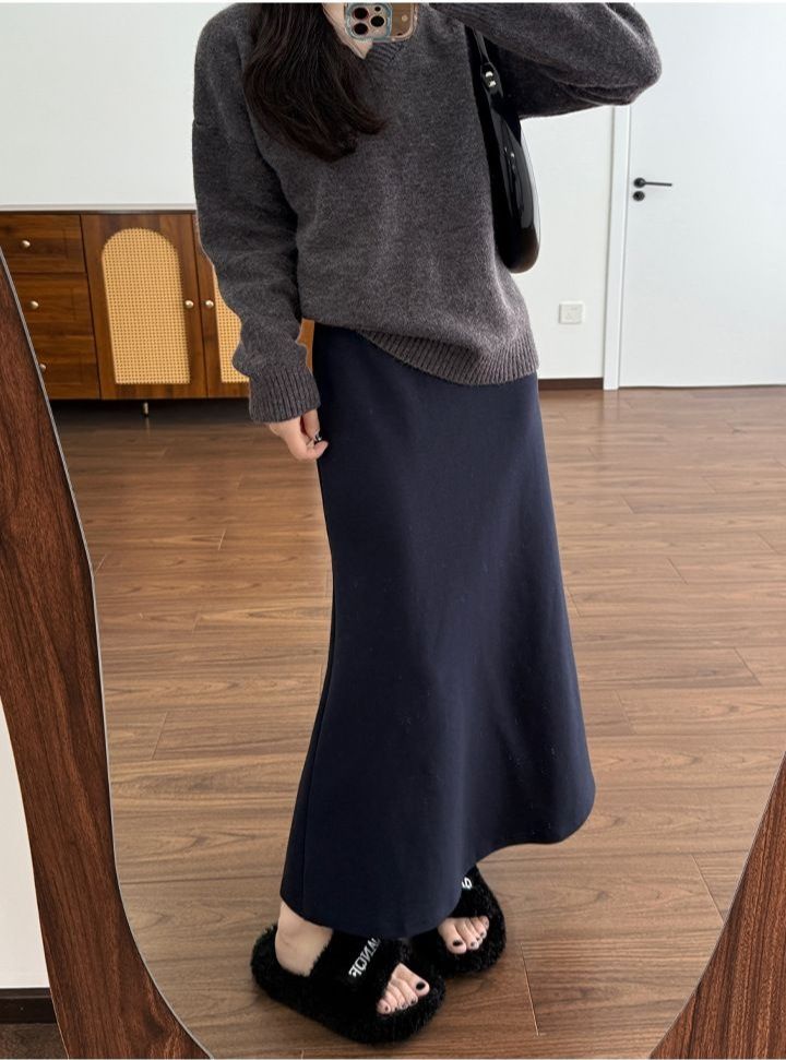 タイトスカート 柔らか素材の裾スリット入りタイトスカートロング