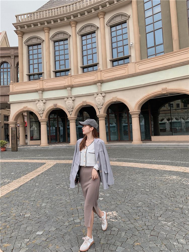 上品ニットロングタイトスカート ハイウエスト スリット入り