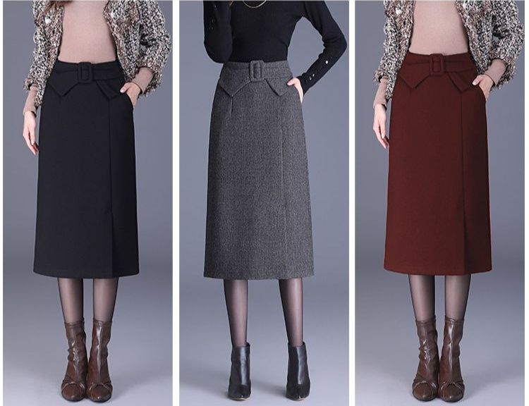 タイトスカート 上品ウール混紡すっきりシルエットひざ丈タイト