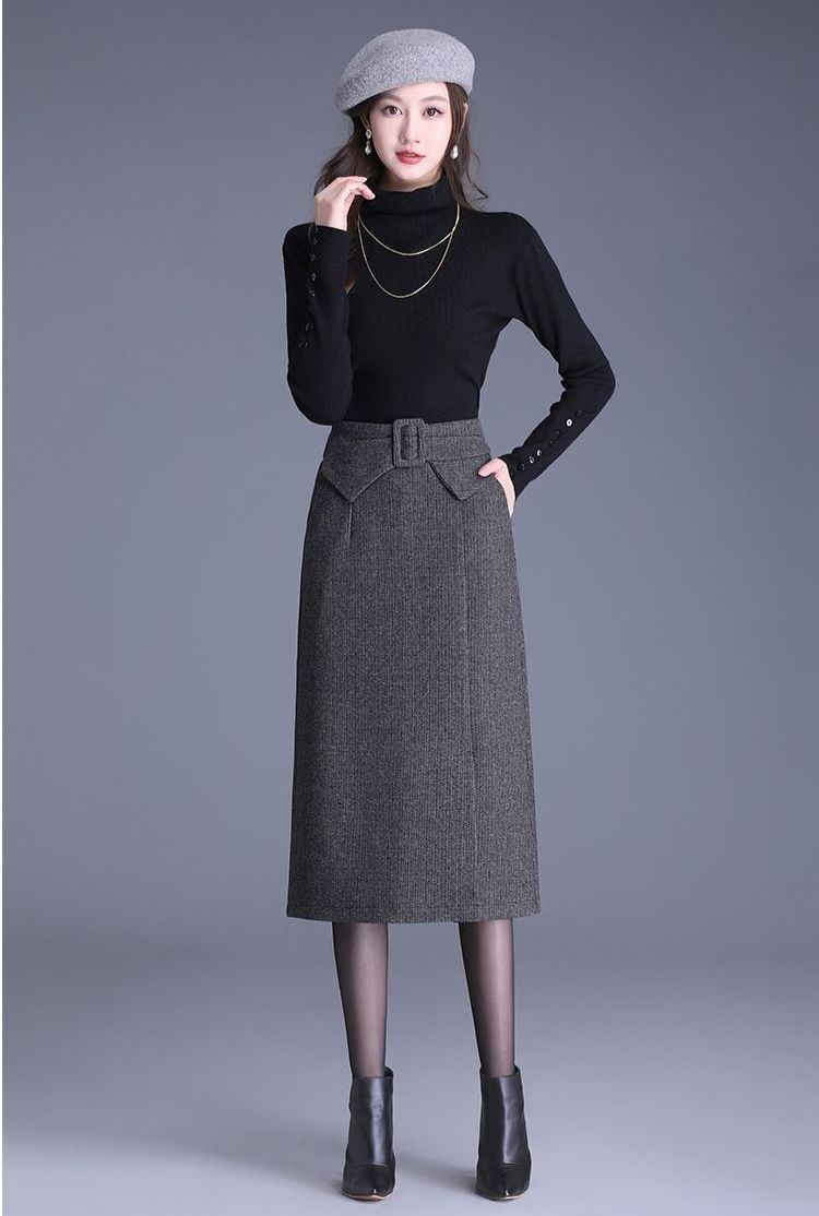 ベルト付きウール混紡ひざ丈タイトスカート