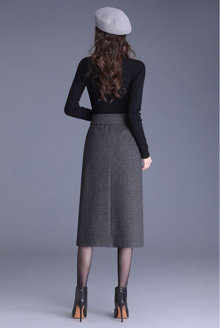 ベルト付きウール混紡ひざ丈タイトスカート