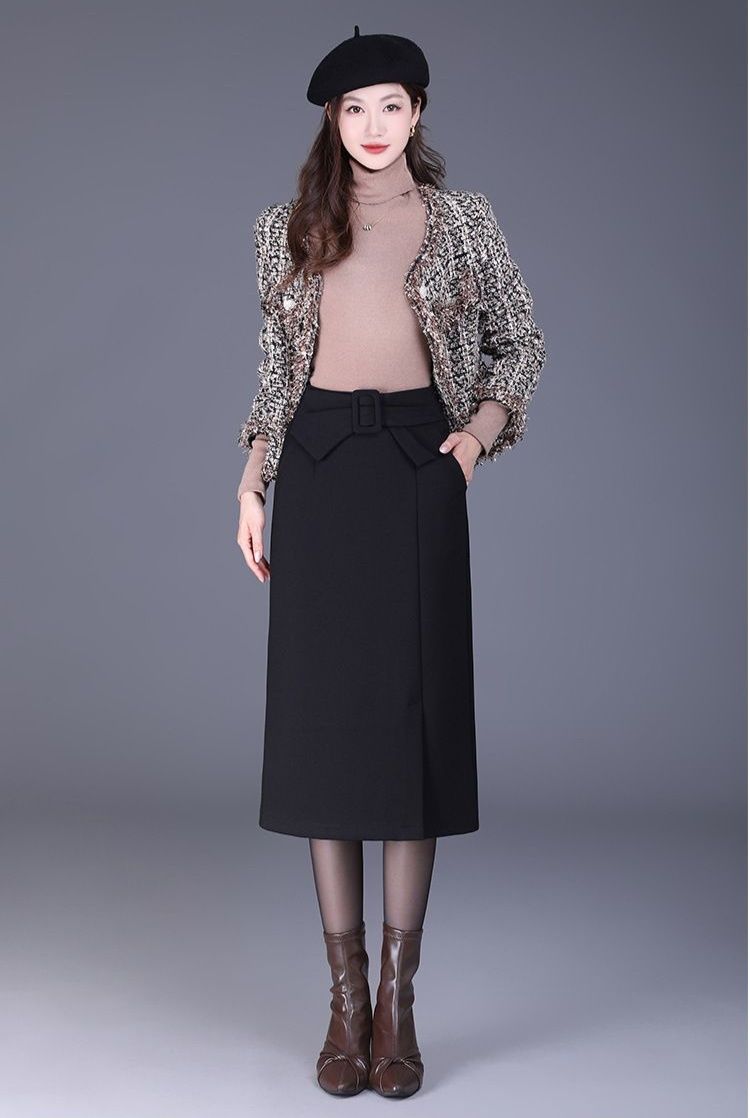 ベルト付きウール混紡ひざ丈タイトスカート