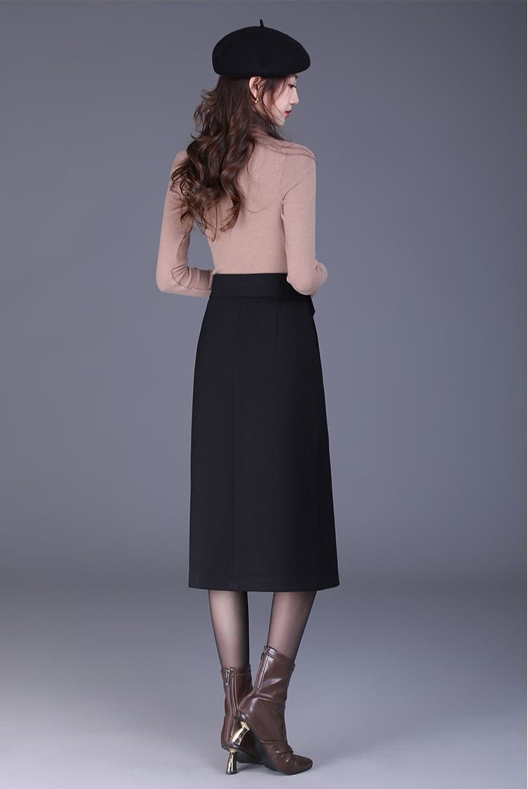 ベルト付きウール混紡ひざ丈タイトスカート