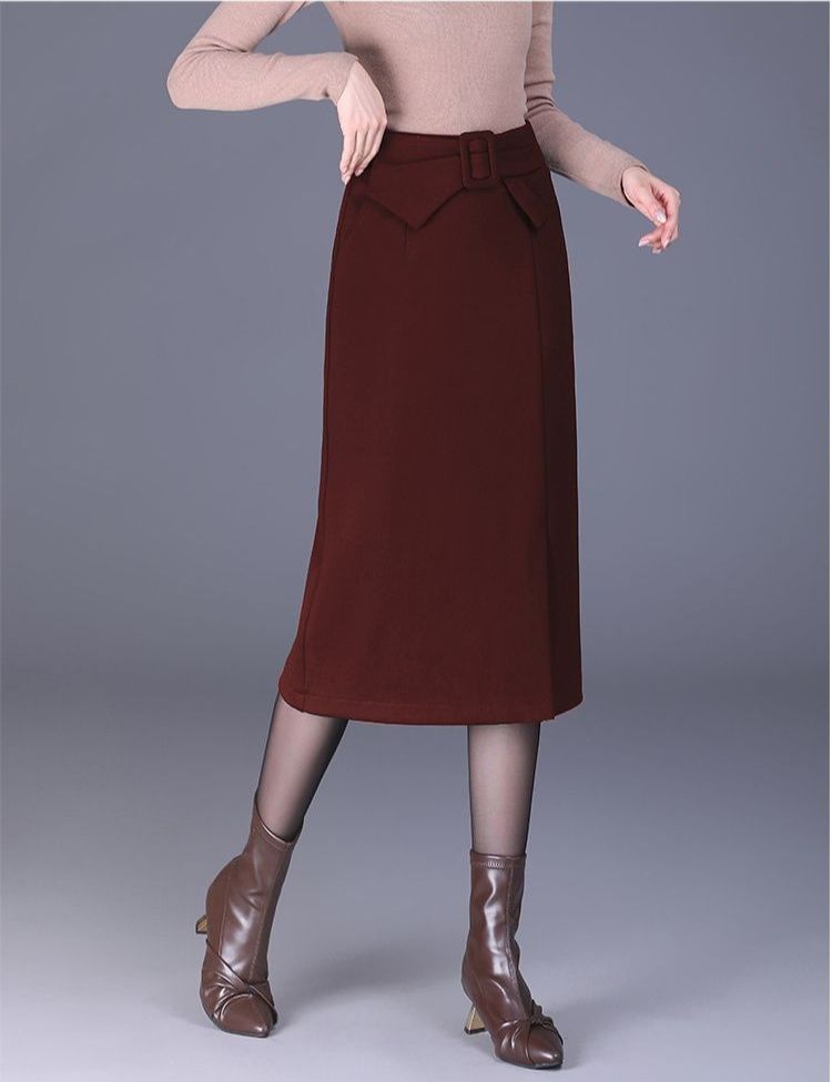 ベルト付きウール混紡ひざ丈タイトスカート