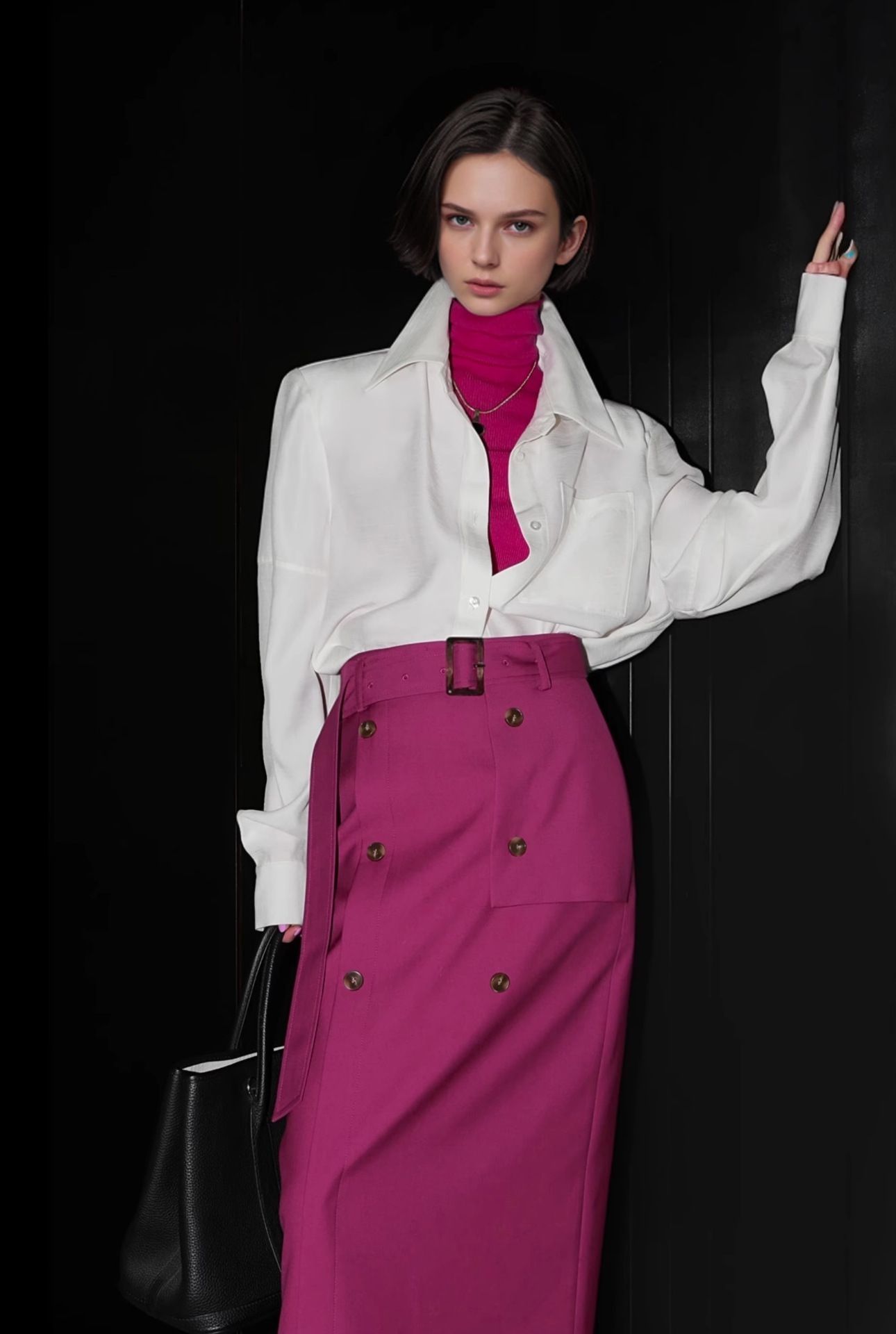 タイトスカート ダブルボタン装飾ベルト付きトレンチ風タイトスカート