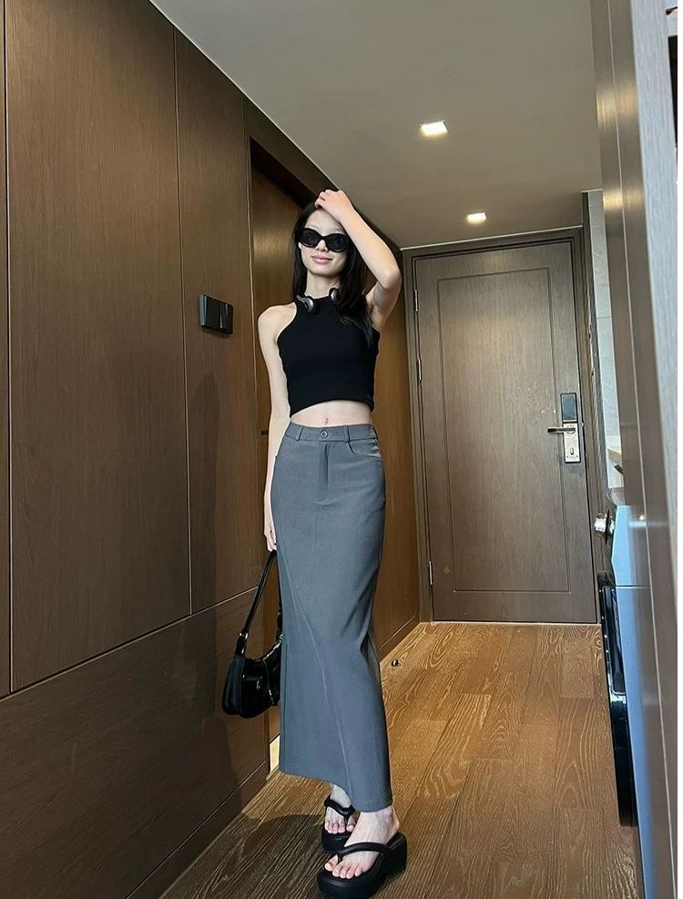 タイトスカート ハイウエストスリット入りマキシ丈