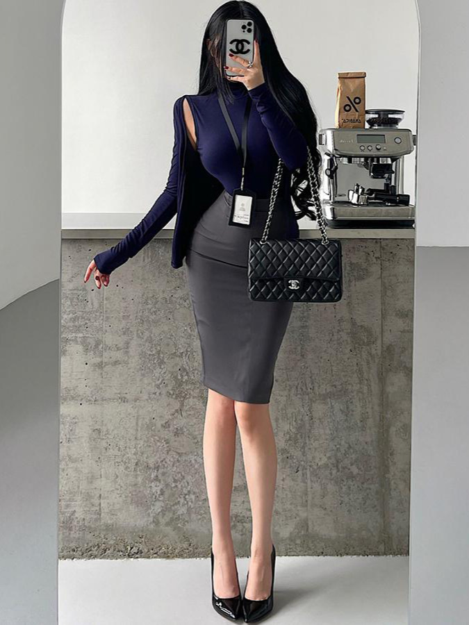 タイトスカート 美脚見せストレッチ素材のひざ下丈タイトスカート