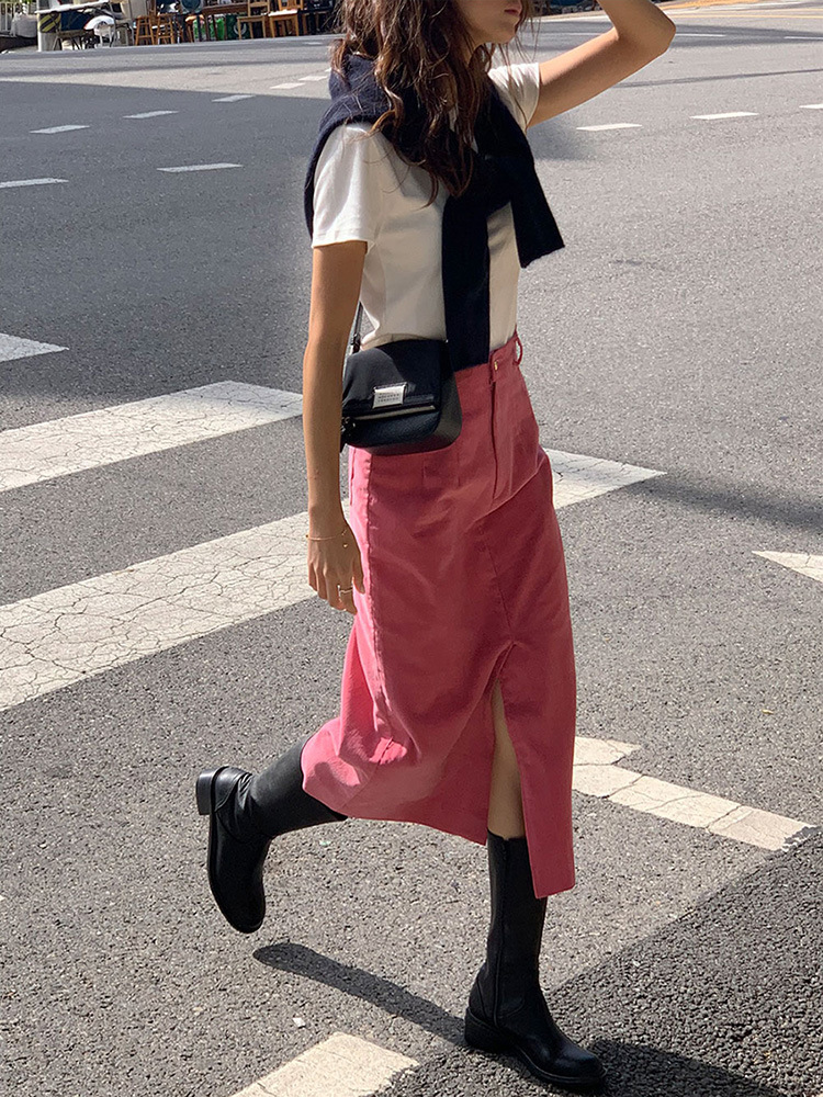 タイトスカート 裏起毛コーデュロイフロントスリットタイトスカート