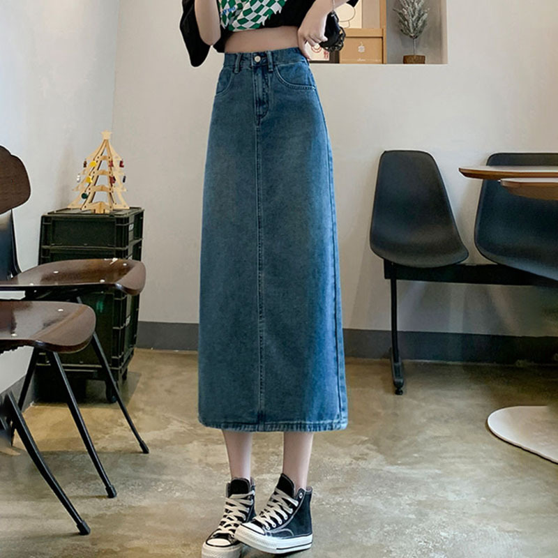 タイトスカート デニム素材サイドスリット入りロングタイトスカート
