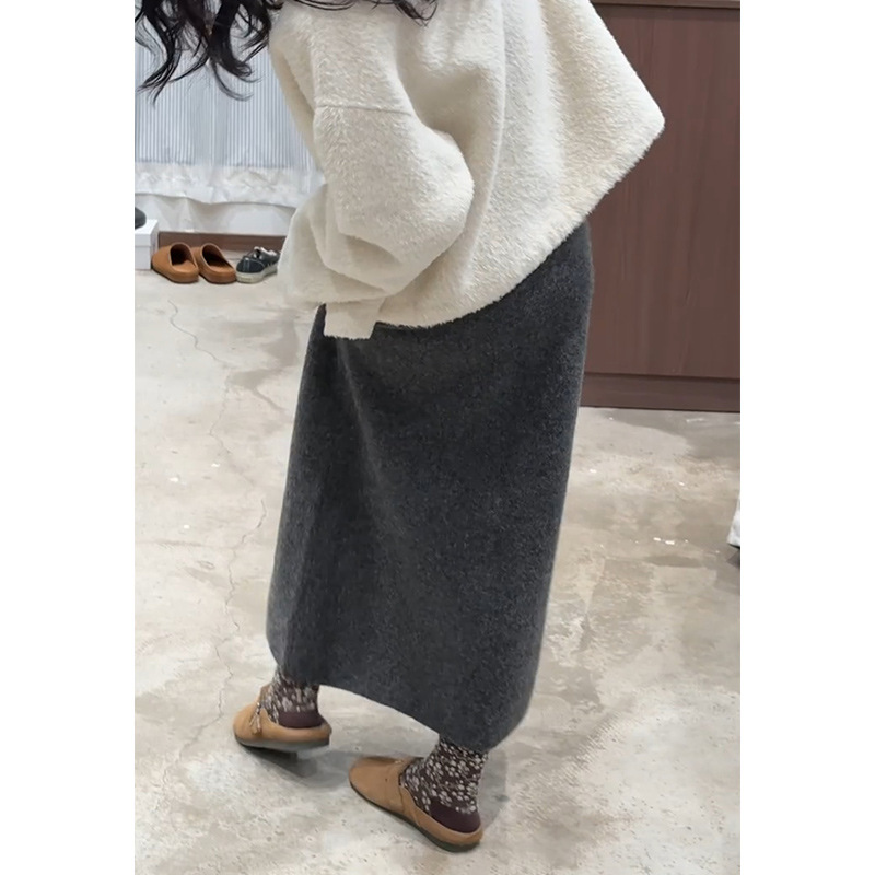 タイトスカート ウール混紡ニット素材ハイウエストロングスカート
