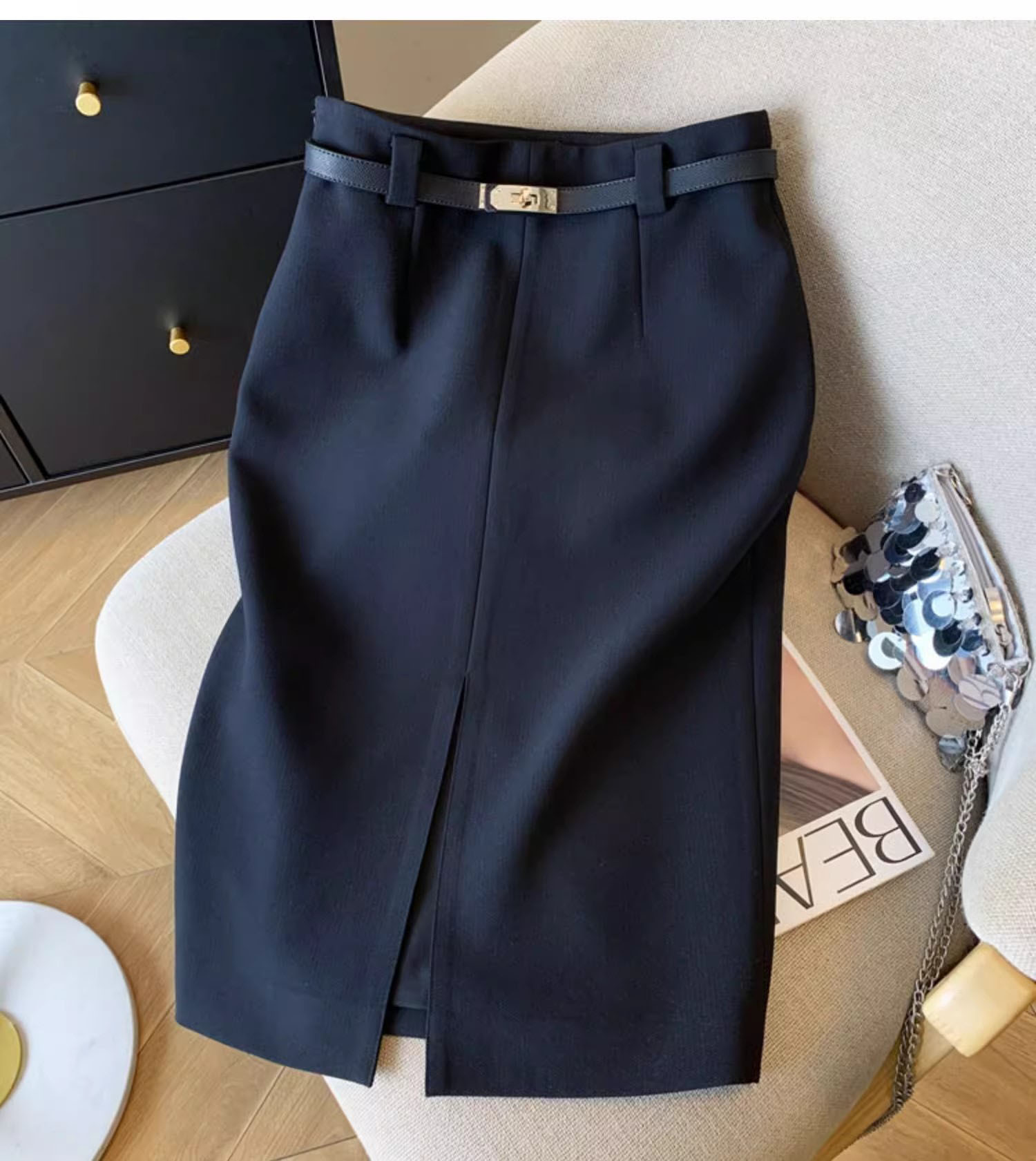 タイトスカート 金具ベルト付きラップ風前スリットタイトスカート