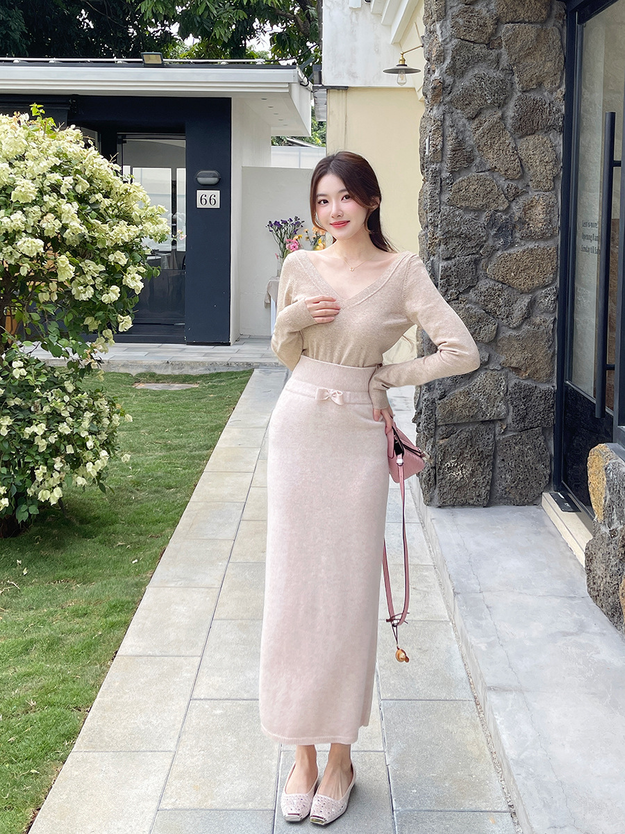 タイトスカート リボンベルト付きニットタイトスカートロング丈