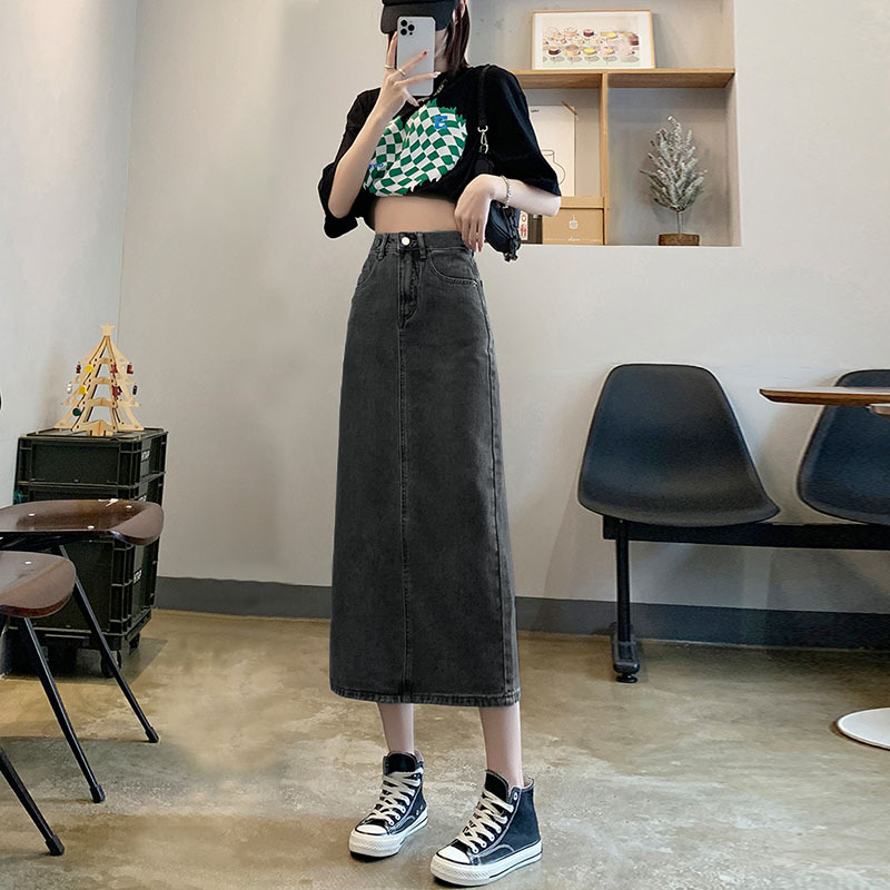 タイトスカート デニム素材サイドスリット入りロングタイトスカート