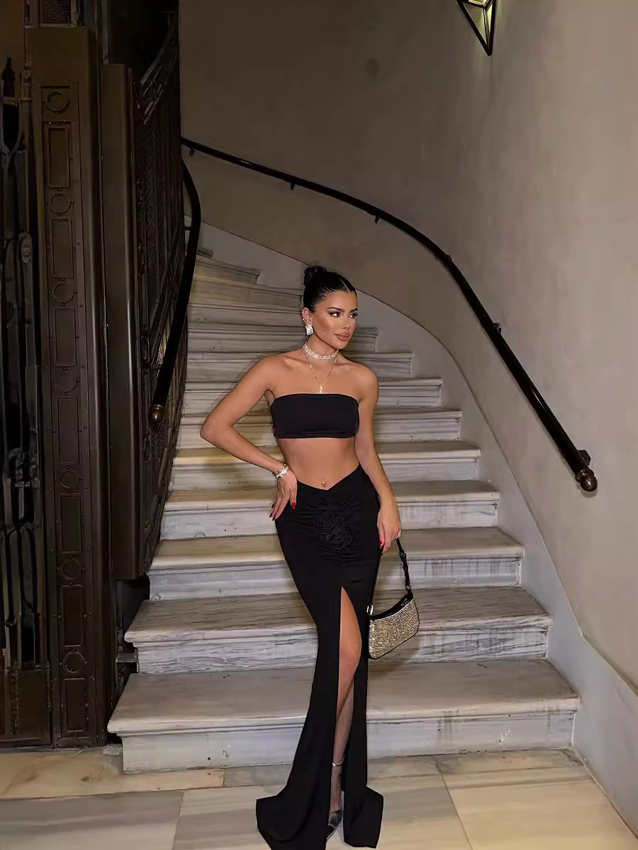 タイトスカート 立体フラワー装飾サイドスリットマキシタイトスカート