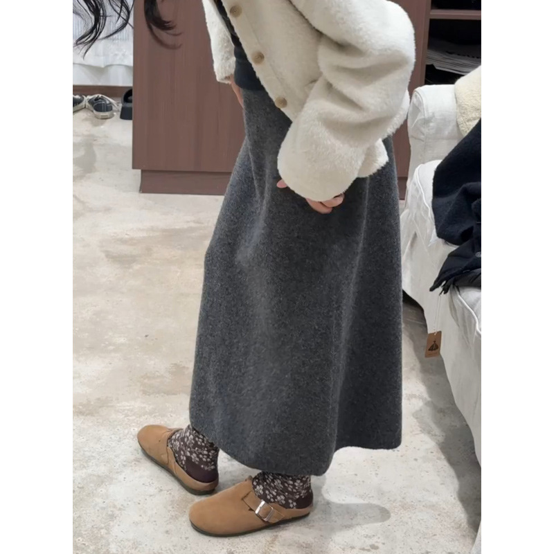 タイトスカート ウール混紡ニット素材ハイウエストロングスカート