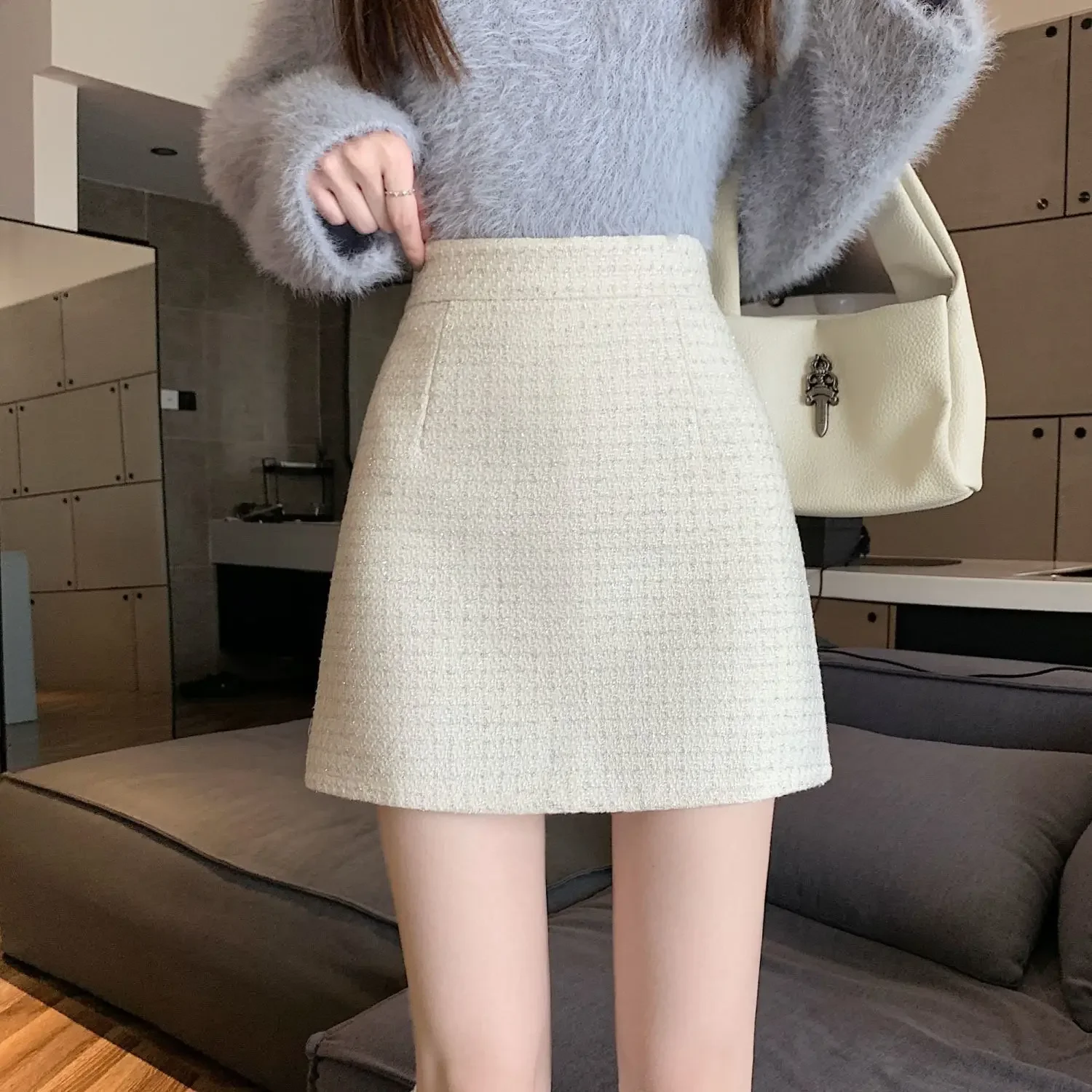 タイトスカート 上品ツイード素材台形ミニタイトスカート