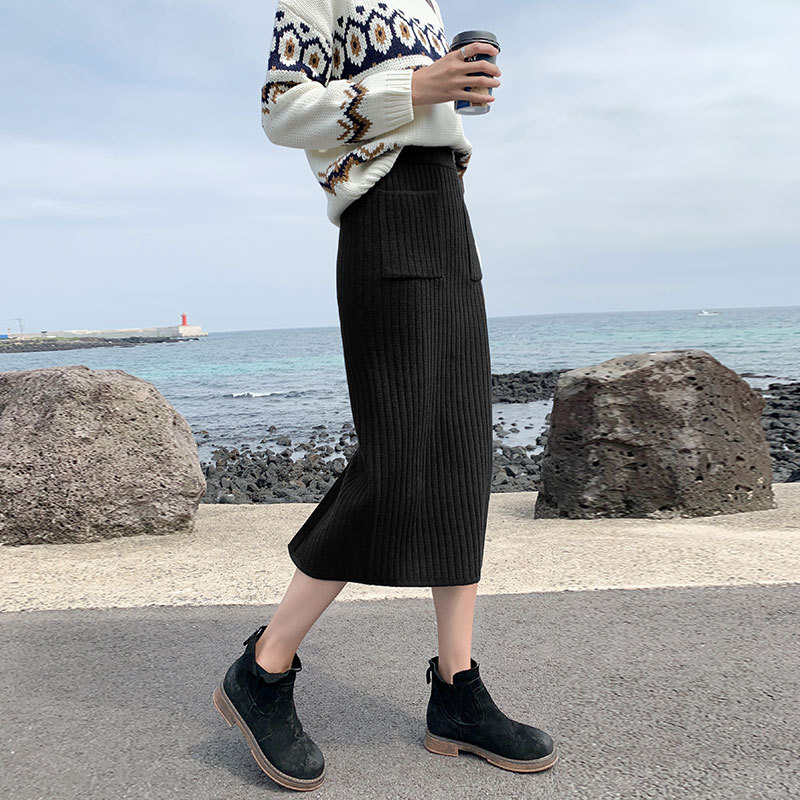 タイトスカート リブニット編みタイトスカートロング丈