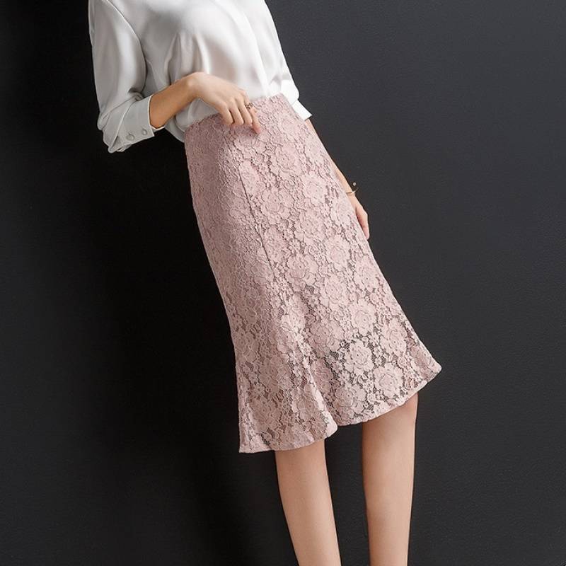 タイトスカート 総レース裾フレアマーメイドライン膝丈タイトスカート