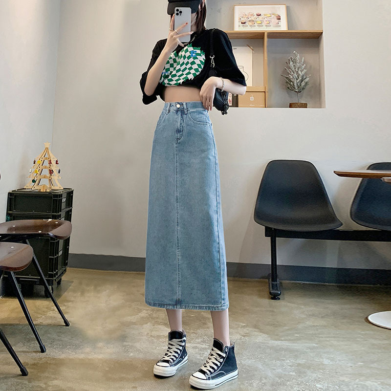 タイトスカート デニム素材サイドスリット入りロングタイトスカート