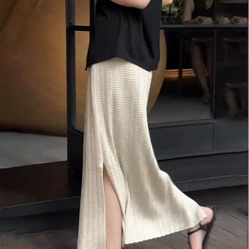 タイトスカート 透かし編みニットタイトスカートマキシ丈
