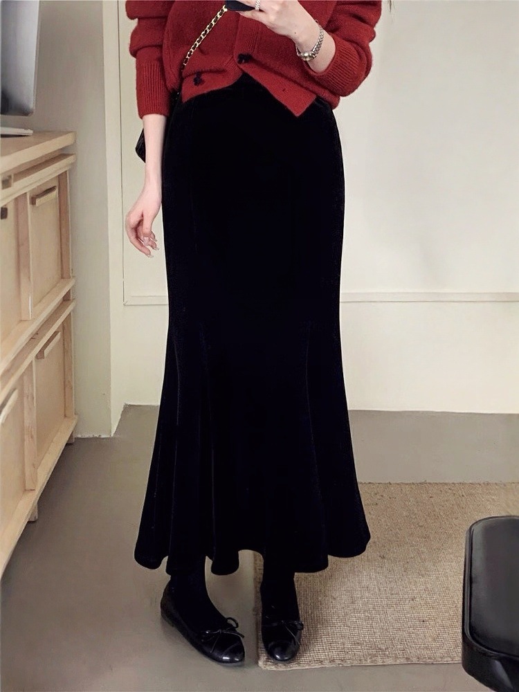タイトスカート 裾フリルベロア素材のマーメイドタイトスカートロング