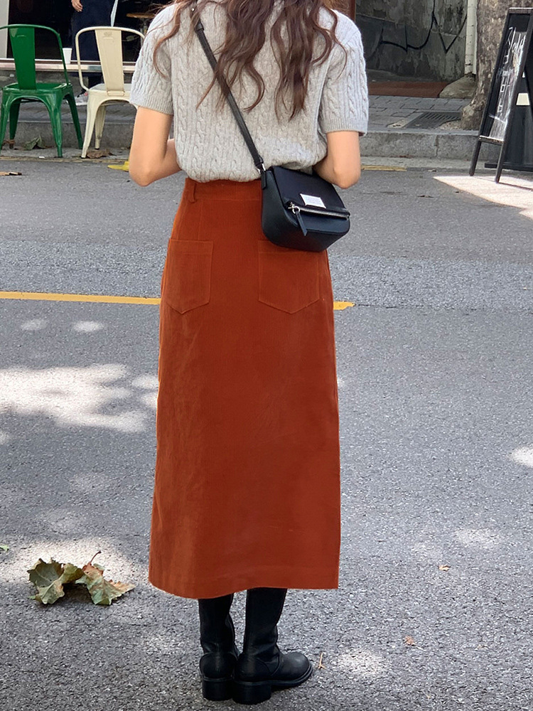 タイトスカート 裏起毛コーデュロイフロントスリットタイトスカート