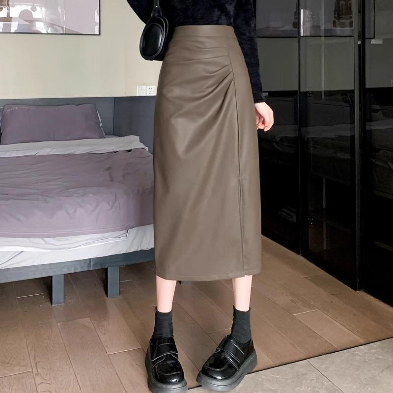 タイトスカート 合成皮革サイドスリット入りタイトスカートロング丈