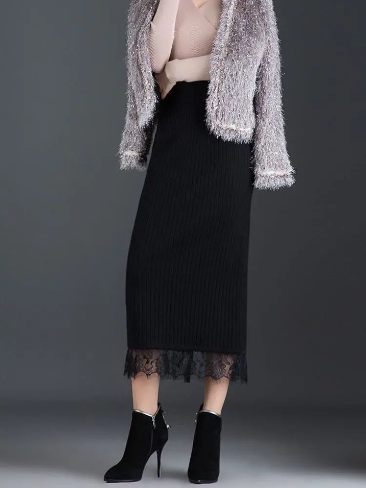 タイトスカート 縦リブ編みレース裾切替タイトスカートロング丈