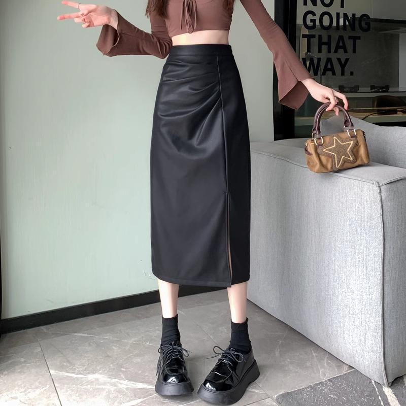 タイトスカート 合成皮革サイドスリット入りタイトスカートロング丈