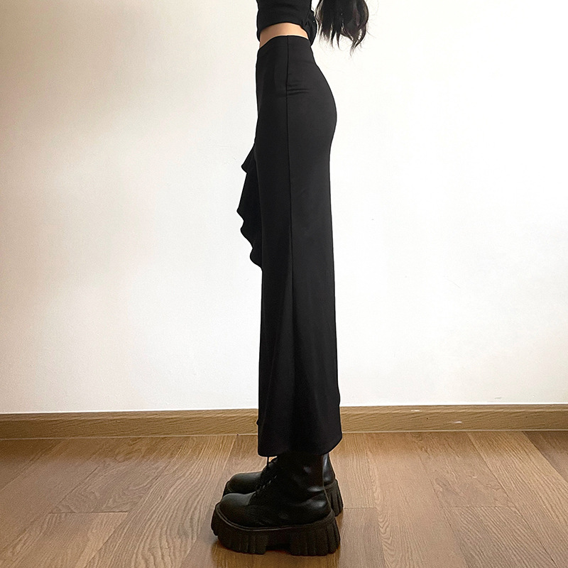 ハイウェスト ロング タイトスカート フリル スリット 黒