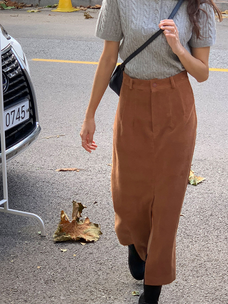 タイトスカート 裏起毛コーデュロイフロントスリットタイトスカート